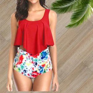 FITGLAM RED RUFFLE TWO PIECE SWIMSUIT